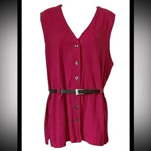 Vintage Diana Marco Sleeveless Sweater Vest 18/20 Red Black Button Down w/Belt